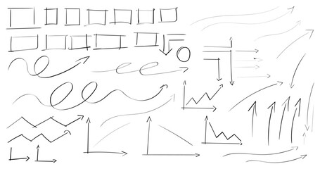 Set of different arrow and shapes with doodle effect hand drawn design in funky visual presentations. Handmade letters and signs