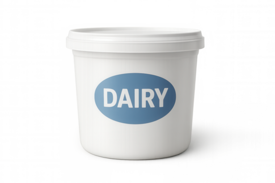 White plastic dairy food packaging tub mockup with blank blue label, ready for branding and design, transparent background - Powered by Adobe
