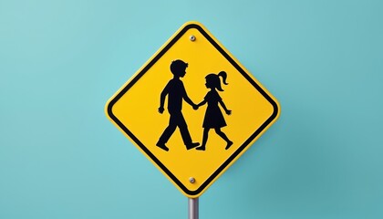 Yellow diamond shaped traffic sign shows black silhouette of boy and girl holding hands walking. Caution children crossing area symbol on blue background.