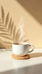 Fototapeta premium Hot steaming coffee cup rests on wood coaster. Warm autumn hues and leaf shadows create a serene minimalist aesthetic background. Peaceful morning beverage.
