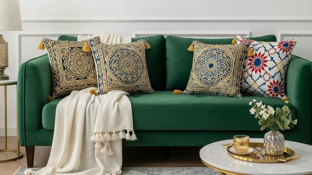Elegant green velvet sofa adorned with decorative throw pillows featuring intricate patterns and a cozy blanket in a stylish living room setting.