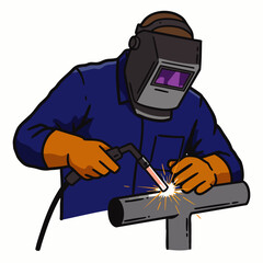 An illustration depicts a welder in protective gear using a welding torch to join two metal pipes together with sparks.