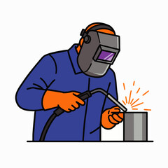 A skilled welder, clad in protective gear, meticulously joins metal components with precision, creating sparks in an industrial setting.