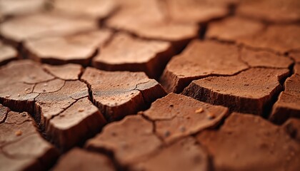 Fototapeta premium Close-up photo shows dry cracked earth texture. Brown ground surface with deep cracks. Abstract nature background shows drought, climate change. Grunge dry soil pattern.
