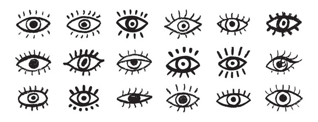 Fototapeta premium Grunge eyes hand drawn doodle icon set. Open black eyes with bold line. Monochrome eye element