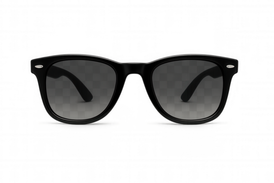 Black plastic frame sunglasses with gray gradient lenses. Accessory for fashion, eye protection, and style. Transparent background