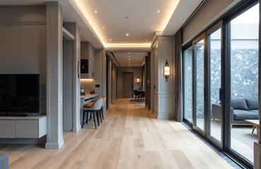 Modern interior design living space featuring kitchen dining area, lounge. Elegant details include wood flooring sleek cabinets ambient lighting, comfortable furniture creating inviting atmosphere.