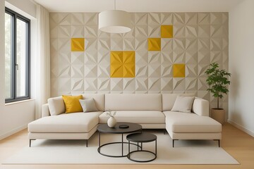 Modern living room with geometric wall art and comfortable sectional sofa invites relaxation and conversation with its bright, airy design aesthetic