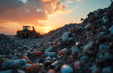 Bulldozer works at massive landfill site. Plastic bottles garbage lie around. Sunset sky background. Eco crisis concept. Pollution problem. Waste sorting at dump.