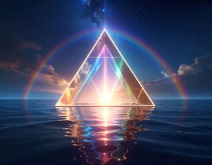 Glowing pyramid floats on ocean under a rainbow at dusk