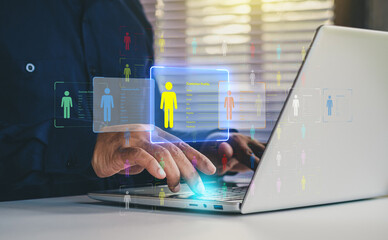 Buyer persona personalization concept, Niche marketing, Target customer, customer behavior, Marketing segmentation strategy, Consumer analysis. Marketer using laptop analyze target customer data.