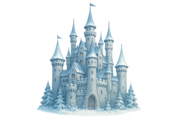 Fantasy winter castle with snow and ice illustration