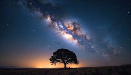 Lone tree silhouetted against vast starry night sky. Milky Way galaxy shines brightly, full of colorful dust and countless stars, above dark open field. Distant light on horizon creates amazing glow.
