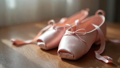 Pair of pink ballet slippers resting on wooden floor. Delicate satin shoes with tied ribbons evoke grace and the dream of dance. Soft light filters onto the scene.