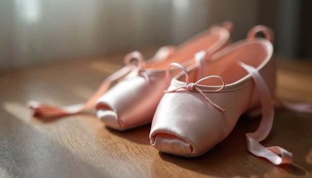 Pair of pink ballet slippers resting on wooden floor. Delicate satin shoes with tied ribbons evoke grace and the dream of dance. Soft light filters onto the scene.