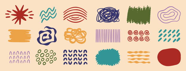 Retro abstract shapes doodle Hand drawn arts vector element set. Organic Shapes and brush stroke design. social post elements for background decoration, print, wallpaper.