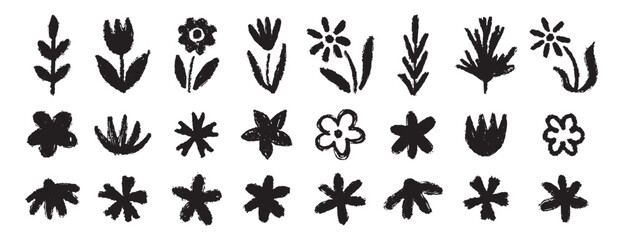 Grunge trendy doodle flowers leaves set. Hand drawn brush flowers crayon, chalk texture. Flowers textured collection
