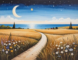 Rural path under starry sky, leading to sea