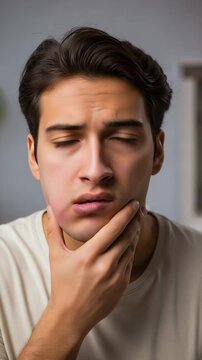 Worried young man in his 20s holding his swollen jaw, experiencing pain and discomfort, possibly due to a dental problem or inflammation, looking concerned.