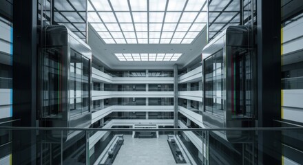 Fototapeta premium Modern Multi-level Office Building Interior with Glass Elevators and Bright Lighting