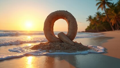 Fototapeta premium Sand letter Q sculpture sits on beach shore at sunrise. Gentle ocean waves lap the sand. Palm trees line the tropical coast creating a serene paradise.