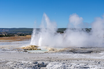 Clepsydra Geyser. Fountain Paint Pot Trail. Lower Geyser Basin in Yellowstone National Park. Hydrothermal System. hot-spring deposits. Extremophile. 
