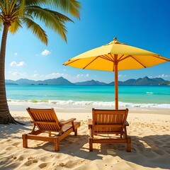 Imagine yourself relaxing on this tropical beach with turquoise water and soft sand, perfect for vacation getaways and creating a sense of calm and escape