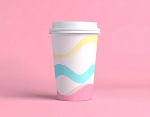 Paper cup with pastel waves stands on pink surface