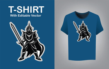 Epic knight mascot full armor glowing sword emblem for gaming and sports apparel design