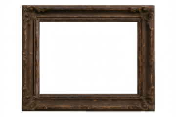 Empty ornated vintage wooden picture frame with isolated transparent background, dark brown rustic border