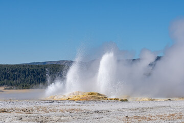 Clepsydra Geyser. Fountain Paint Pot Trail. Lower Geyser Basin in Yellowstone National Park. Hydrothermal System. hot-spring deposits. Extremophile. 
