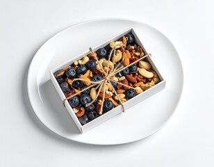 Berries and nuts in a box on white plate, tied with twine