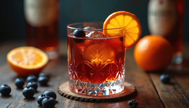 Mezcal Negroni cocktail served in vintage glass with orange slice and blueberries. Refreshing alcoholic drink on wooden table with ice cubes. Bitter cocktail for bar menu or luxury lifestyle content. - Powered by Adobe
