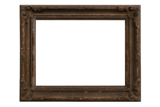 Empty ornated vintage wooden picture frame with isolated transparent background, dark brown rustic border
