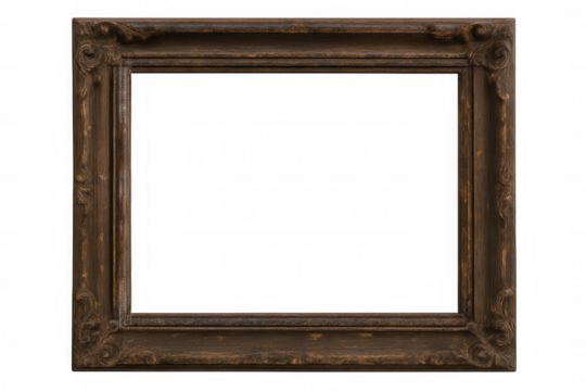 Empty ornated vintage wooden picture frame with isolated transparent background, dark brown rustic border