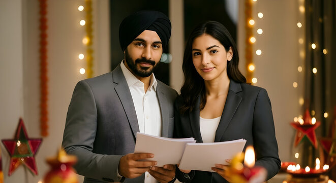 Indian Professional Sikh man and woman holding documents with festive lights