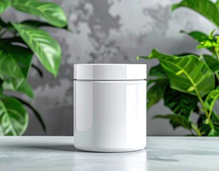 White jar sits among green leaves; gray backdrop