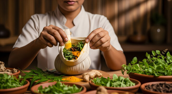 Ayurvedic practitioner preparing herbal poultice with fresh ingredients and spices