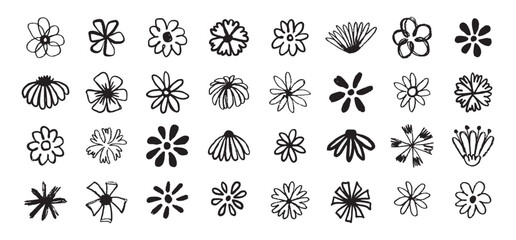 Flowers grunge brush doodle blossom icons set. Flowers Scribble ink hand drawn brush. Chamomile flowers markers crayons icons 