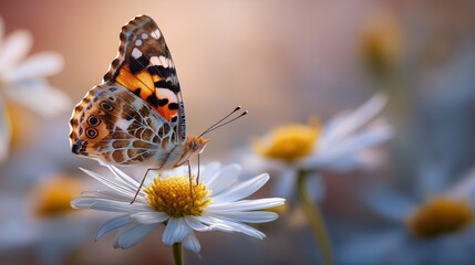 Obraz premium painted lady butterfly on white daisy macro in soft golden morning light