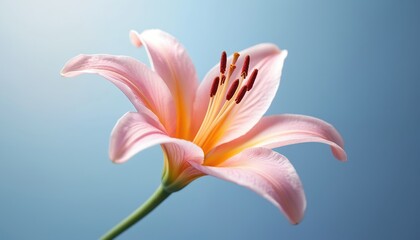 Naklejka premium Close up of pink lily flower with elegant petals, dark red stamens against soft blue background. Gentle lighting illuminates delicate floral bloom, suggesting spring or summer seasons, serene beauty.