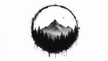 Circle mountain art shows landscape with forest and moon. Dark nature scenic view of peak on white backdrop. Graphic illustration for travel adventure theme design template or poster.