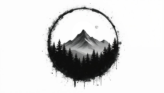 Circle mountain art shows landscape with forest and moon. Dark nature scenic view of peak on white backdrop. Graphic illustration for travel adventure theme design template or poster. - Powered by Adobe