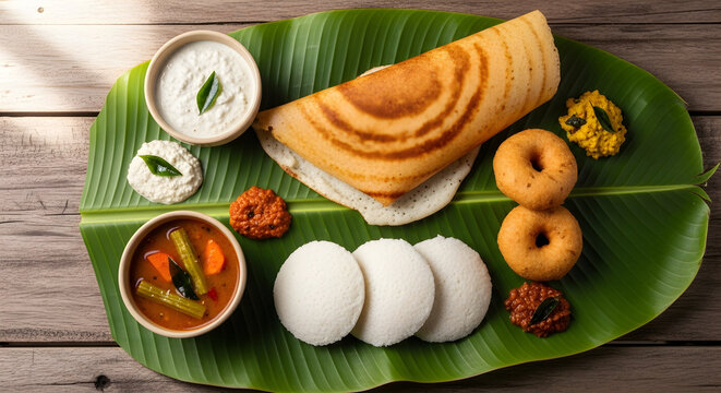 Traditional South Indian Breakfast Platter with Dosa, Idli, Vada, and Sambar on Banana Leaf