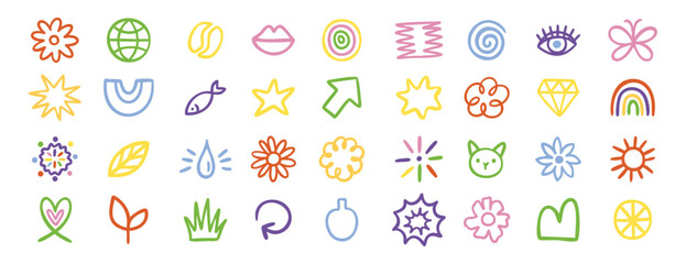 Cute planner doodle icons set sun cat grass leaf rainbow and more. Hand drawn.