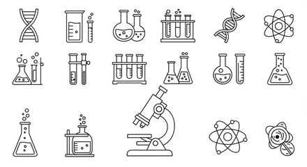 Illustration of scientific laboratory equipment including beakers dna and microscope line art icon set created with generated ai
