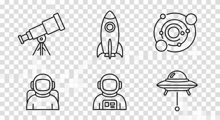 Illustration of a telescope, rocket, solar system, astronauts, and a ufo in a line art style created with generated ai