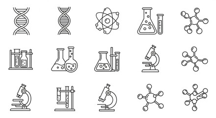 Illustration of dna strands, atoms, flasks, test tubes, and microscopes representing science concepts created with generated ai