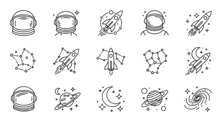 Collection of outlined space icons featuring astronauts, rockets, constellations, planets and galaxy created with generated ai