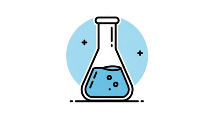 Illustration of a conical flask with blue liquid and bubbles against a light blue circle backdrop created with generated ai